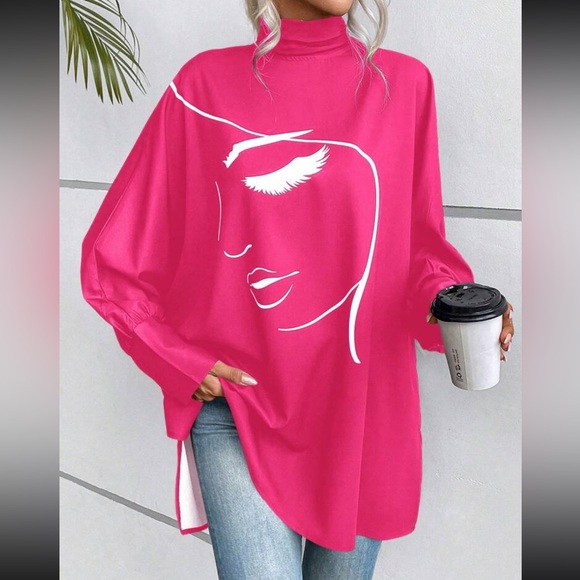Classic Oversized Pop art Abstract Print Batwing Sleeve Top Blouse Shirt Pink - Picture 5 of 5